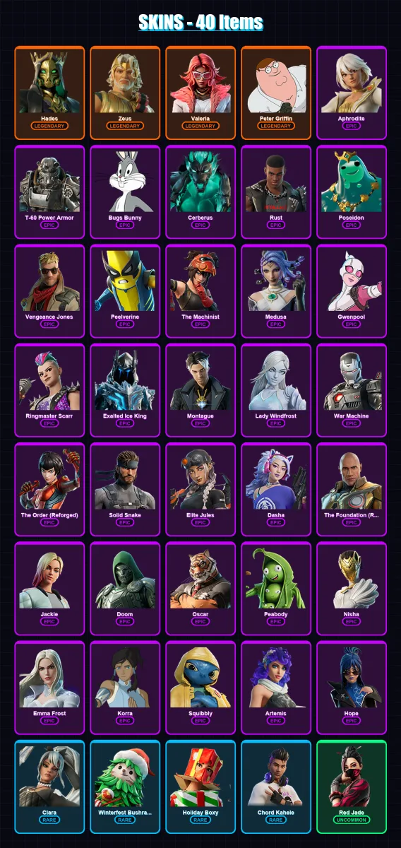 [SWITCH/XBOX/PC] | Hades | Zeus | Valeria | Peter Griffin | Aphrodite | 40 skin | 70 pickaxe | 49 emote | 64 glider | Lv748