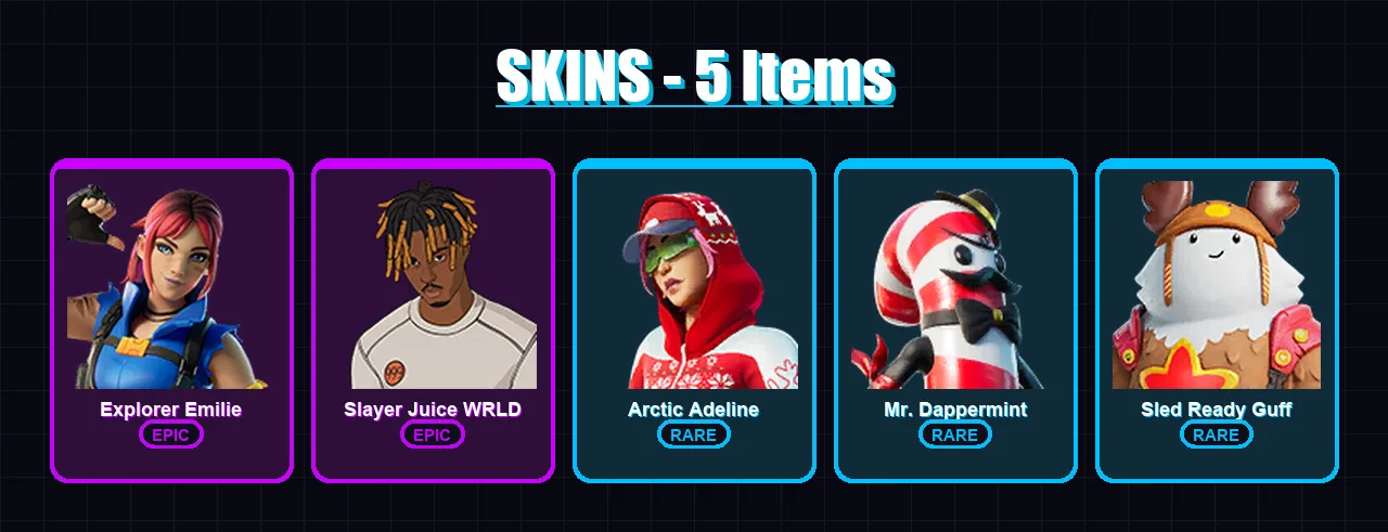 [PC/PSN] | Explorer Emilie | Slayer Juice WRLD | Arctic Adeline | Mr. Dappermint | Sled Ready Guff | 5 skin | 3 pickaxe | 2 emote | 5 glider | Lv8