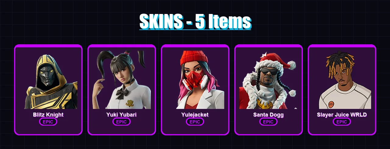 [PC/XBOX/PSN] | Blitz Knight | Yuki Yubari | Yulejacket | Santa Dogg | Slayer Juice WRLD | 5 skin | 21 pickaxe | 6 emote | 12 glider | Lv201