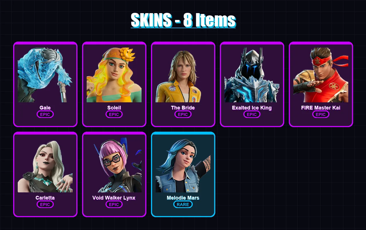 [PC/PSN] | Gale | Soleil | The Bride | Exalted Ice King | FIRE Master Kai | 8 skin | 12 pickaxe | 7 emote | 10 glider | Lv42