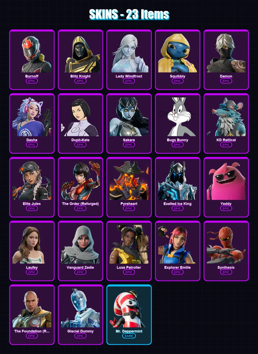 [PC/XBOX/PSN] | Burnoff | Blitz Knight | Lady Windfrost | Squibbly | Damon | 23 skin | 54 pickaxe | 25 emote | 35 glider | Lv450
