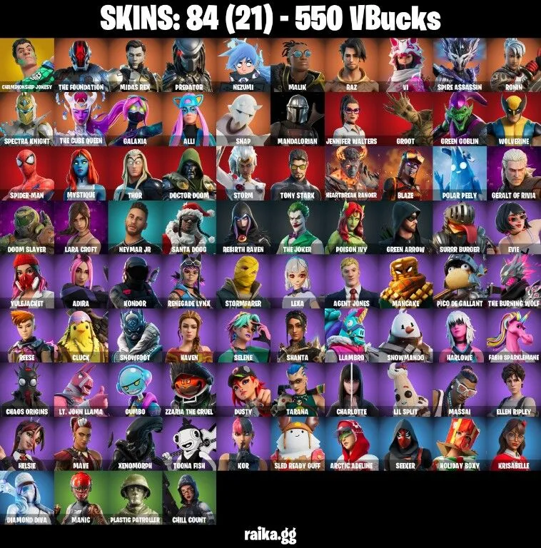 PC/PSN/XBOX 84 skins Lara Croft | Reaper | Spider-Man | Geralt of Rivia | Championship Jonesy | The Foundation | 550 V-Bucks Fast Delivery — Fortnite account