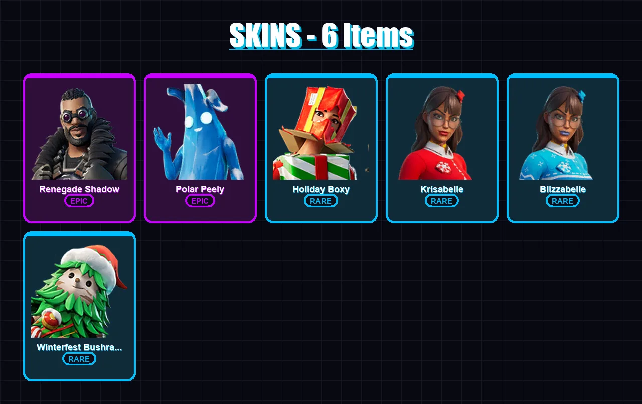 [PC/XBOX/PSN] | Renegade Shadow | Polar Peely | Holiday Boxy | Krisabelle | Blizzabelle | 6 skin | 11 pickaxe | 6 emote | 9 glider | Lv119