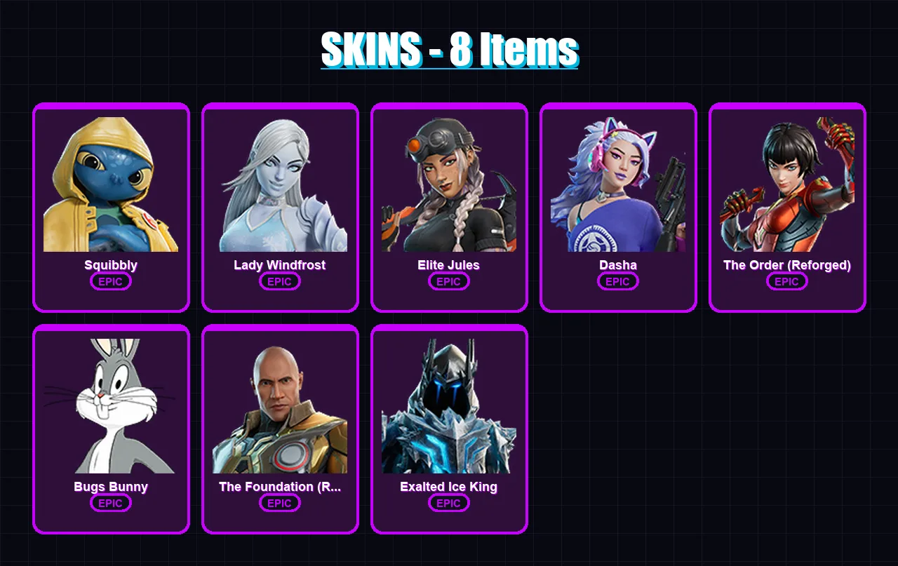 [PC/XBOX/PSN] | Squibbly | Lady Windfrost | Elite Jules | Dasha | The Order (Reforged) | 8 skin | 47 pickaxe | 24 emote | 33 glider | Lv367