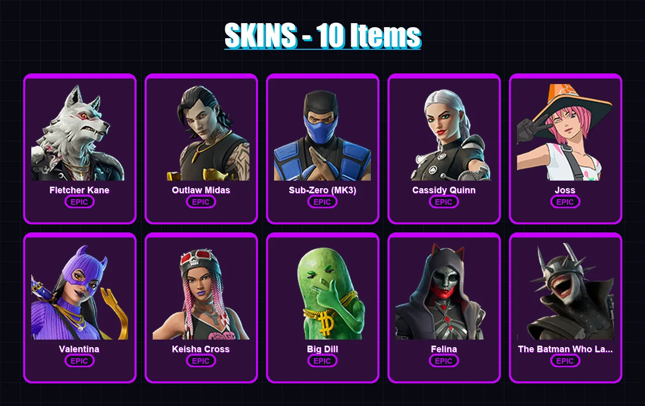 [PS4/PS5/XBOX/PC] | Fletcher Kane | Outlaw Midas | Sub-Zero (MK3) | Cassidy Quinn | Joss | 10 skin | 33 pickaxe | 17 emote | 23 glider | Lv277