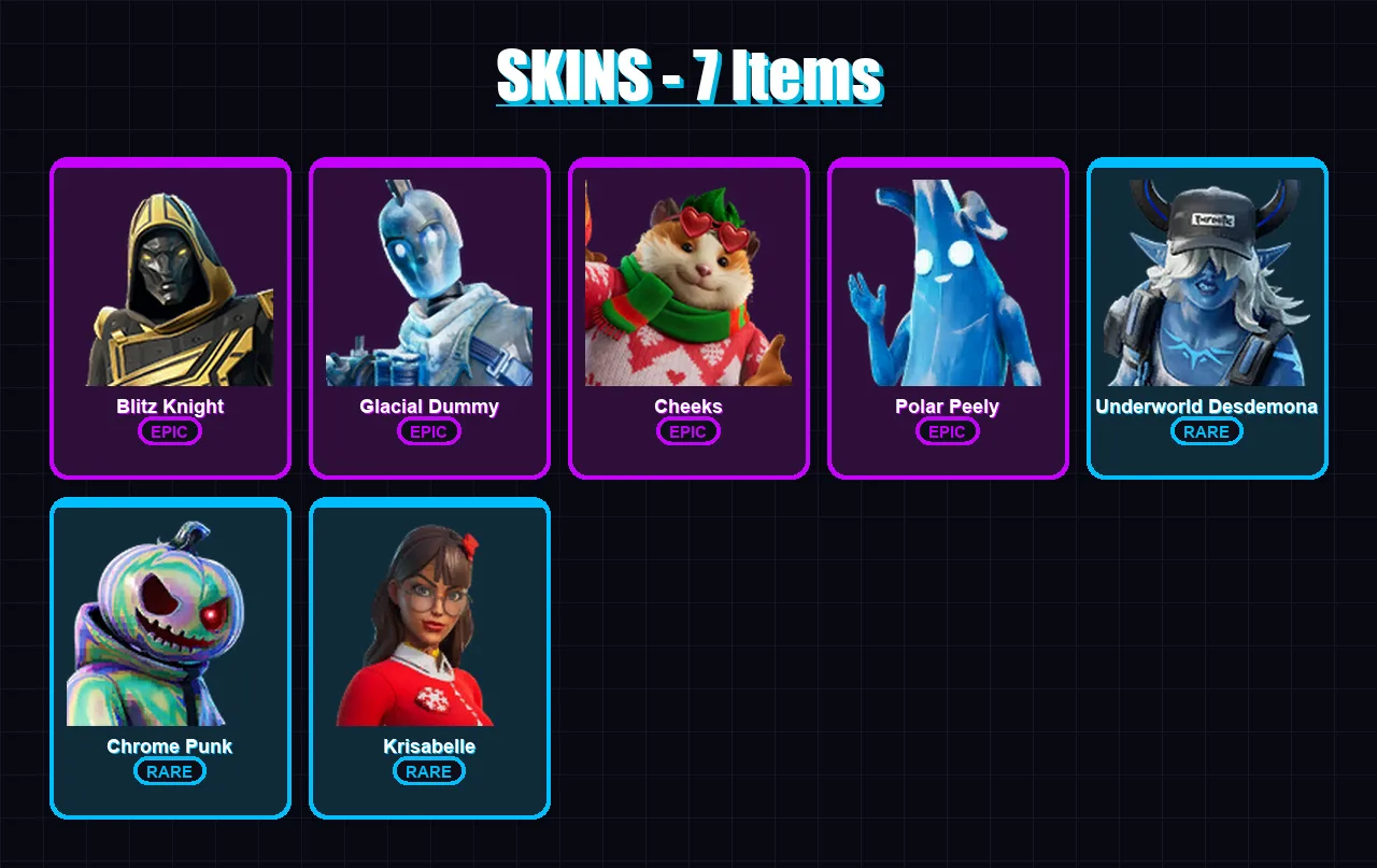 [PC/XBOX/PSN] | Blitz Knight | Glacial Dummy | Cheeks | Polar Peely | Underworld Desdemona | 7 skin | 37 pickaxe | 18 emote | 28 glider | Lv692