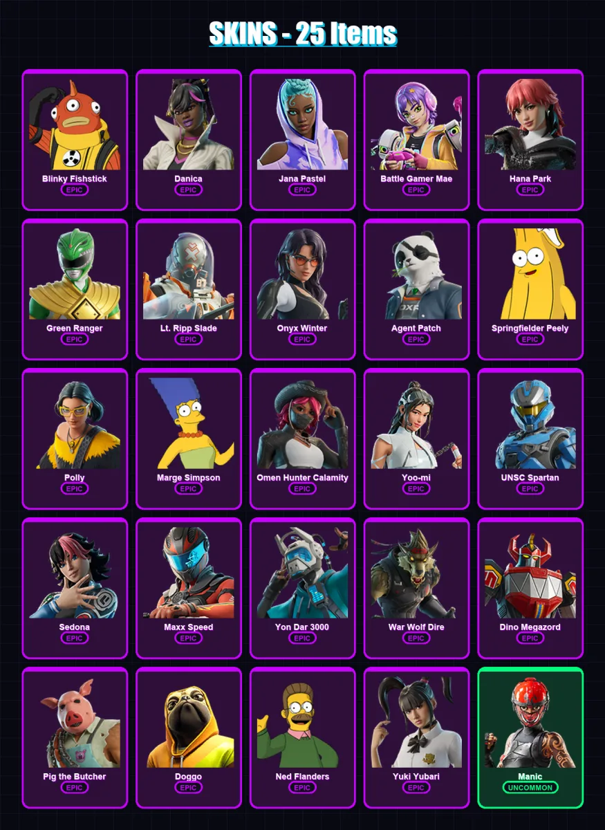 [PC/XBOX/PSN] | Blinky Fishstick | Danica | Jana Pastel | Battle Gamer Mae | Hana Park | 25 skin | 32 pickaxe | 23 emote | 16 glider | Lv228