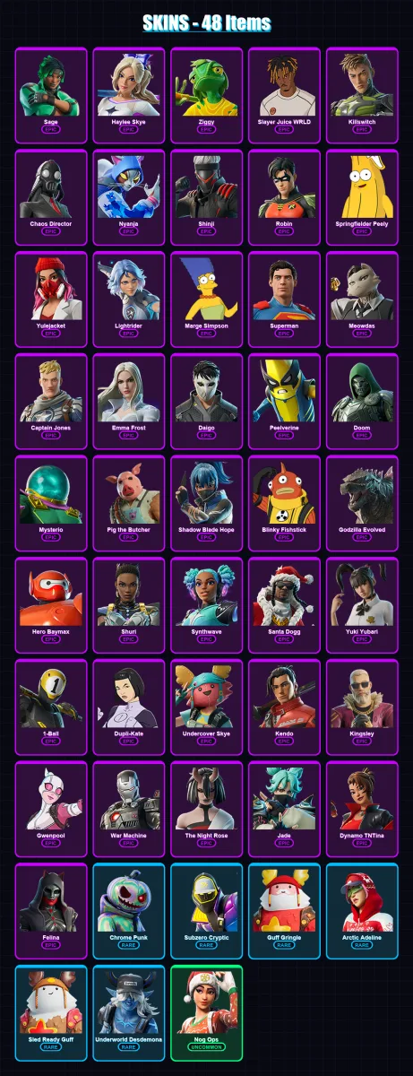 [PS4/PS5/XBOX/PC] | Sage | Haylee Skye | Ziggy | Slayer Juice WRLD | Killswitch | 48 skin | 86 pickaxe | 46 emote | 64 glider | Lv983