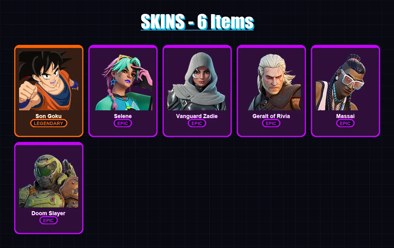 [PS4/PS5/PC] | Son Goku | Selene | Vanguard Zadie | Geralt of Rivia | Massai | 6 skin | 25 pickaxe | 18 emote | 21 glider | Lv239
