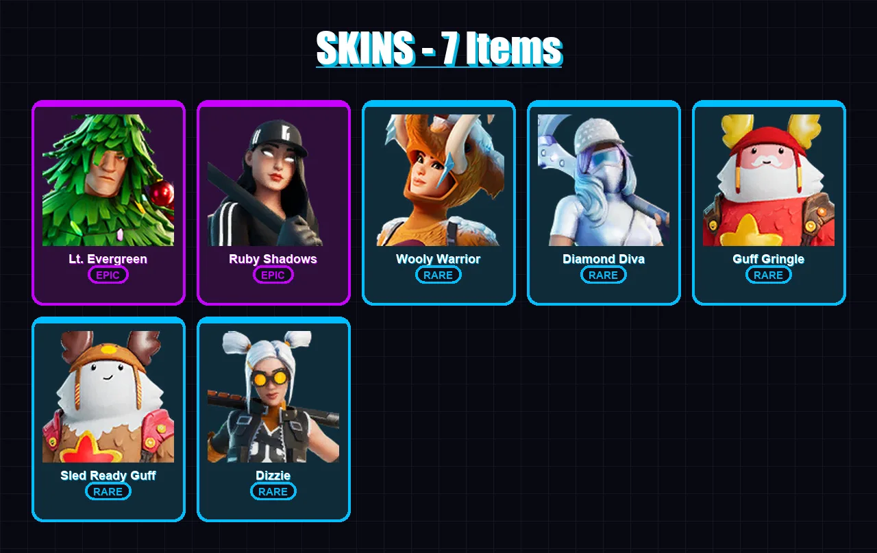 [PC/PSN] | Lt. Evergreen | Ruby Shadows | Wooly Warrior | Diamond Diva | Guff Gringle | 7 skin | 10 pickaxe | 11 emote | 11 glider | Lv121
