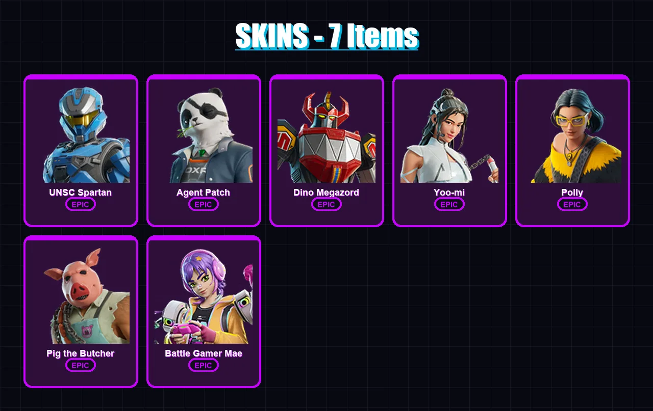 [PC/XBOX/PSN] | UNSC Spartan | Agent Patch | Dino Megazord | Yoo-mi | Polly | 7 skin | 21 pickaxe | 15 emote | 14 glider | Lv161