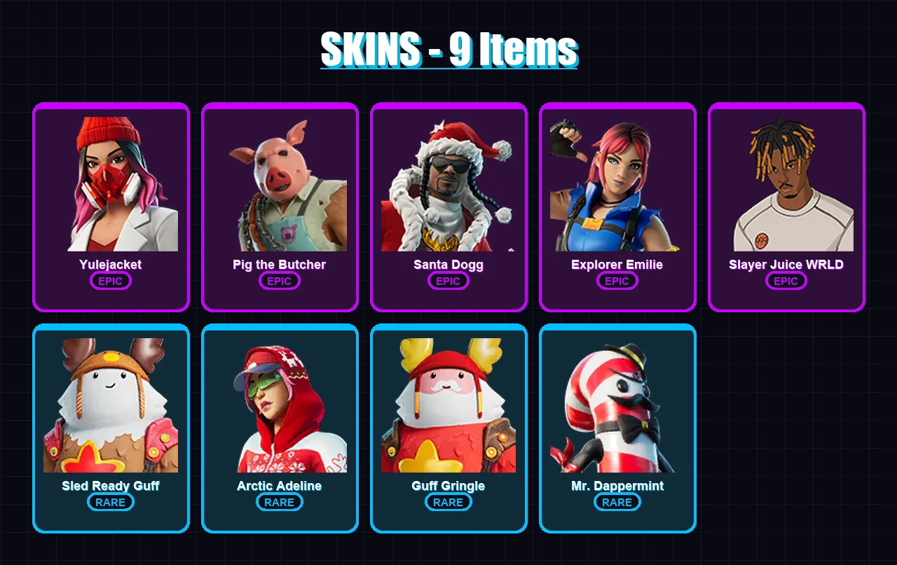 [PC/XBOX/PSN] | Yulejacket | Pig the Butcher | Santa Dogg | Explorer Emilie | Slayer Juice WRLD | 9 skin | 23 pickaxe | 12 emote | 19 glider | Lv164
