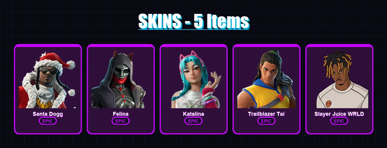 [PC/XBOX/PSN] | Santa Dogg | Felina | Katalina | Trailblazer Tai | Slayer Juice WRLD | 5 skin | 40 pickaxe | 22 emote | 29 glider | Lv715