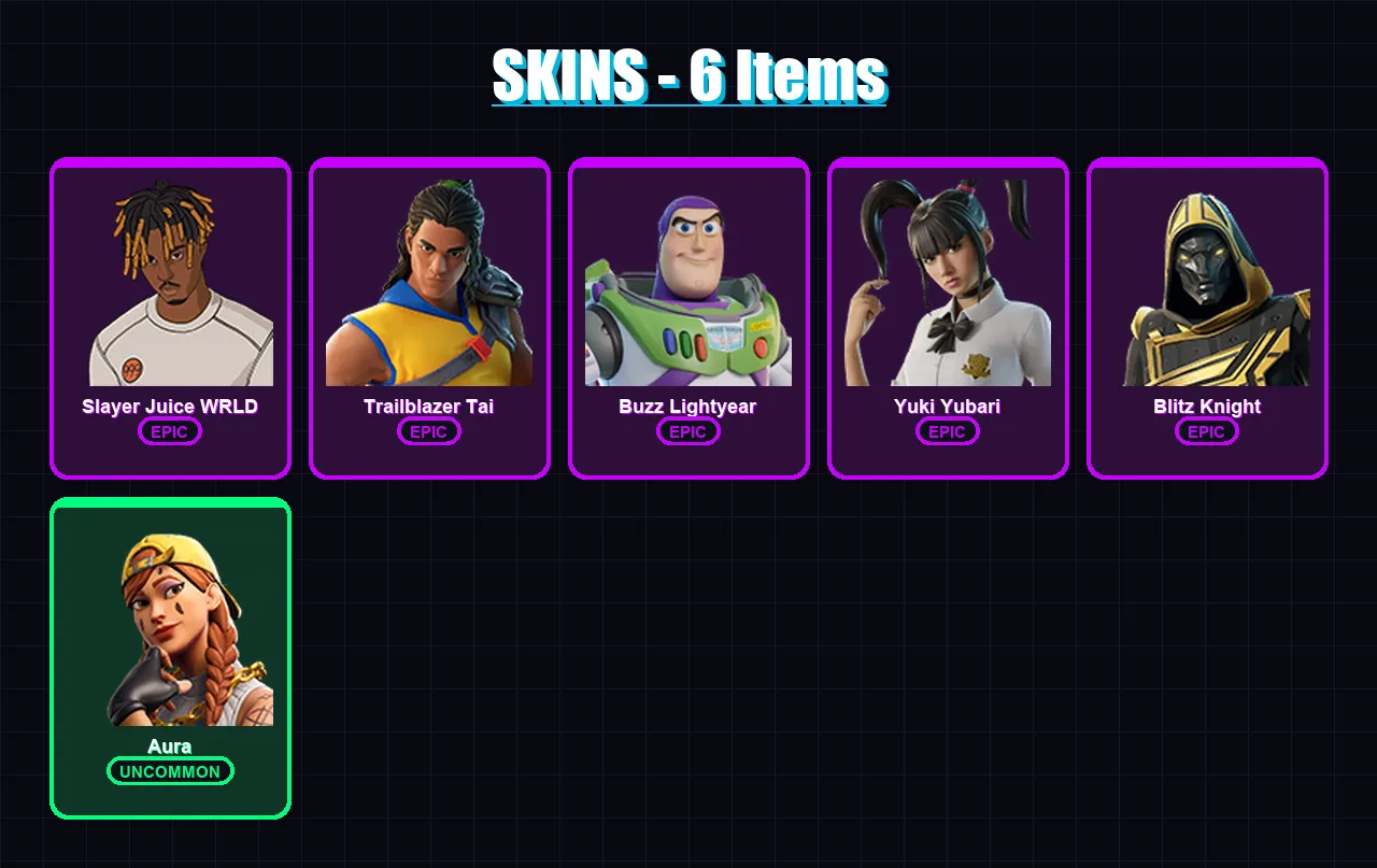 [PC/XBOX] | Slayer Juice WRLD | Trailblazer Tai | Buzz Lightyear | Yuki Yubari | Blitz Knight | 6 skin | 77 pickaxe | 34 emote | 49 glider | Lv1047