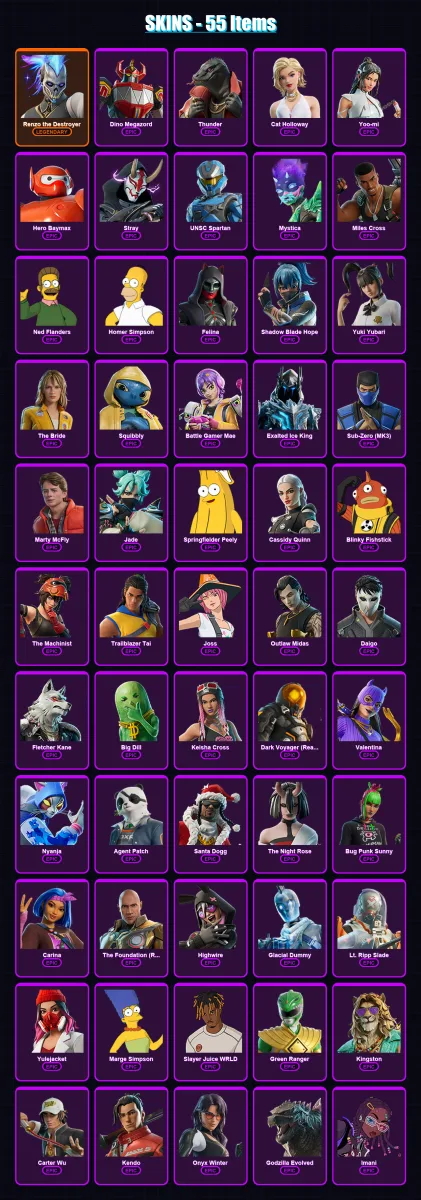 [PC/XBOX/PSN] | Renzo the Destroyer | Dino Megazord | Thunder | Cat Holloway | Yoo-mi | 55 skin | 106 pickaxe | 66 emote | 73 glider | Lv1508