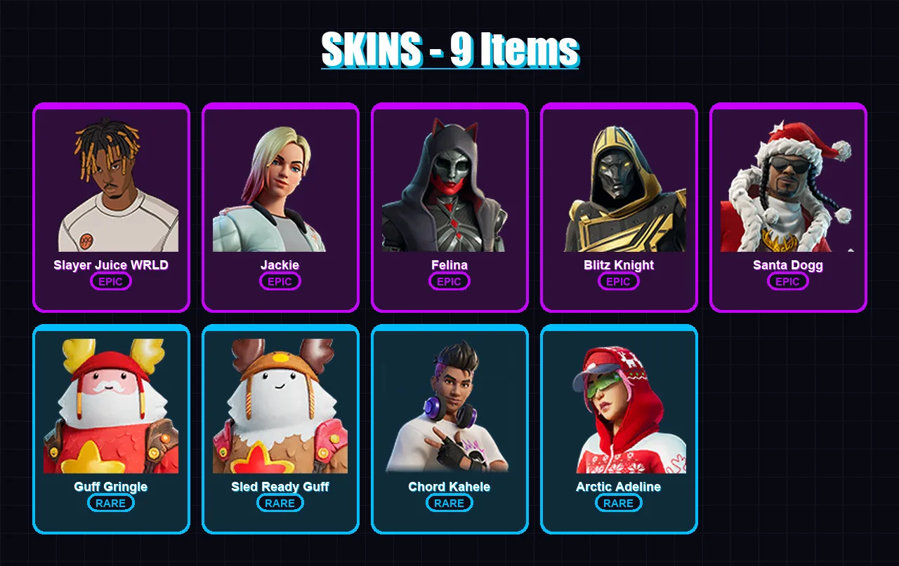 [PC/PSN] | Slayer Juice WRLD | Jackie | Felina | Blitz Knight | Santa Dogg | 9 skin | 56 pickaxe | 27 emote | 40 glider | Lv773 — Game account