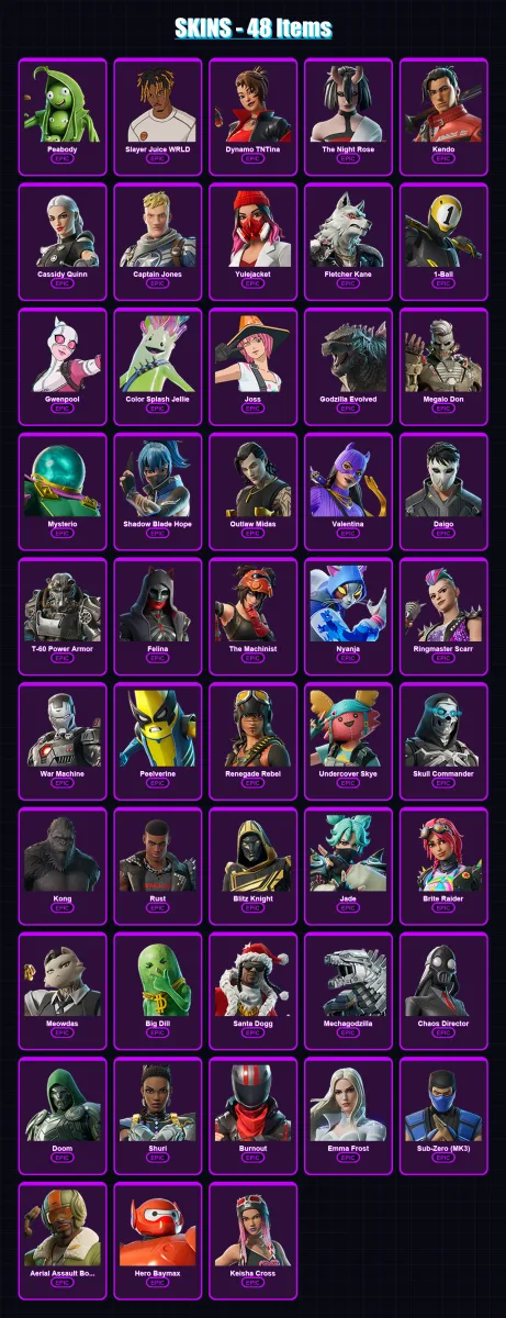 [PS4/PS5/XBOX/PC] | Peabody | Slayer Juice WRLD | Dynamo TNTina | The Night Rose | Kendo | 48 skin | 107 pickaxe | 69 emote | 77 glider | Lv1414