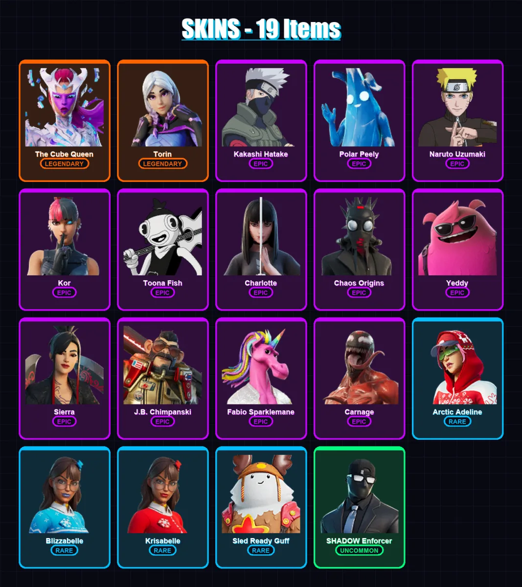 [PC/PSN] | The Cube Queen | Torin | Kakashi Hatake | Polar Peely | Naruto Uzumaki | 19 skin | 30 pickaxe | 14 emote | 23 glider | Lv318