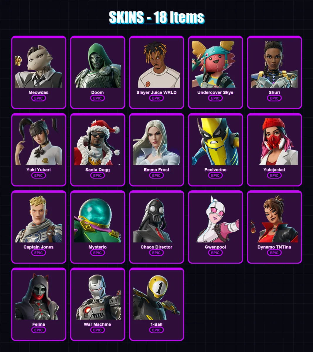 [PC/XBOX/PSN] | Meowdas | Doom | Slayer Juice WRLD | Undercover Skye | Shuri | 18 skin | 47 pickaxe | 30 emote | 28 glider | Lv288