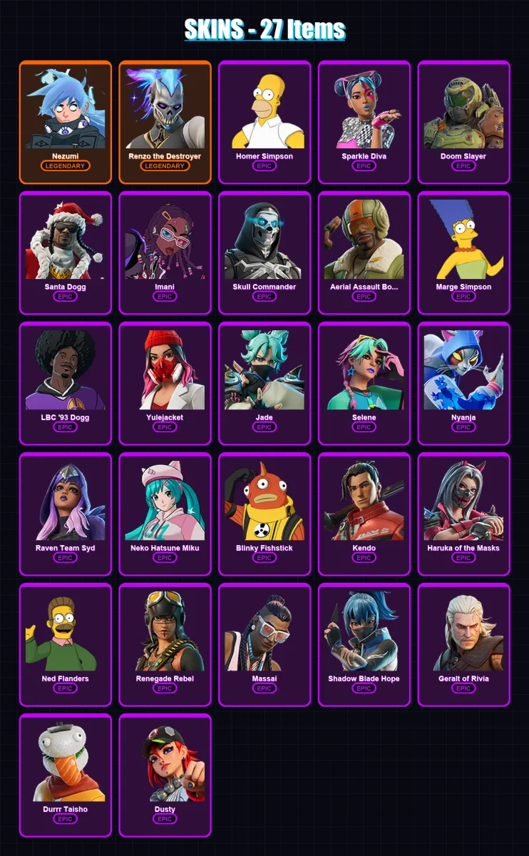 [PC/XBOX/PSN] | Nezumi | Renzo the Destroyer | Homer Simpson | Sparkle Diva | Doom Slayer | 27 skin | 40 pickaxe | 22 emote | 26 glider | Lv227