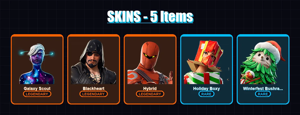 [PC/PSN] | Galaxy Scout | Blackheart | Hybrid | Holiday Boxy | Winterfest Bushranger | 5 skin | 3 pickaxe | 8 emote | 7 glider | Lv99