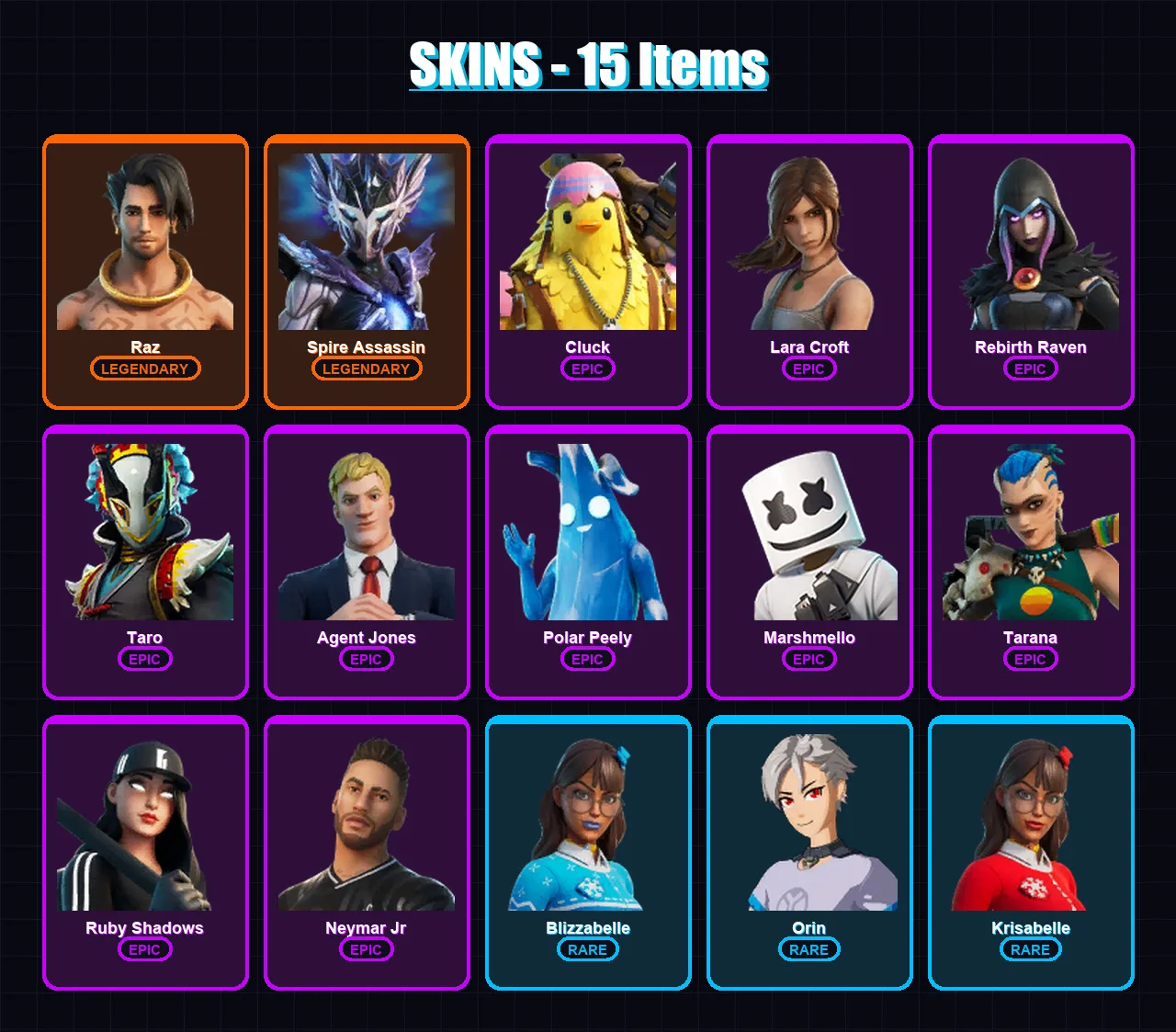 [PC/XBOX] | Raz | Spire Assassin | Cluck | Lara Croft | Rebirth Raven | 15 skin | 32 pickaxe | 35 emote | 27 glider | Lv388