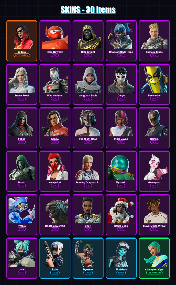 [PC/PSN] | Joltara | Hero Baymax | Blitz Knight | Shadow Blade Hope | Captain Jones | 30 skin | 85 pickaxe | 47 emote | 55 glider | Lv1825