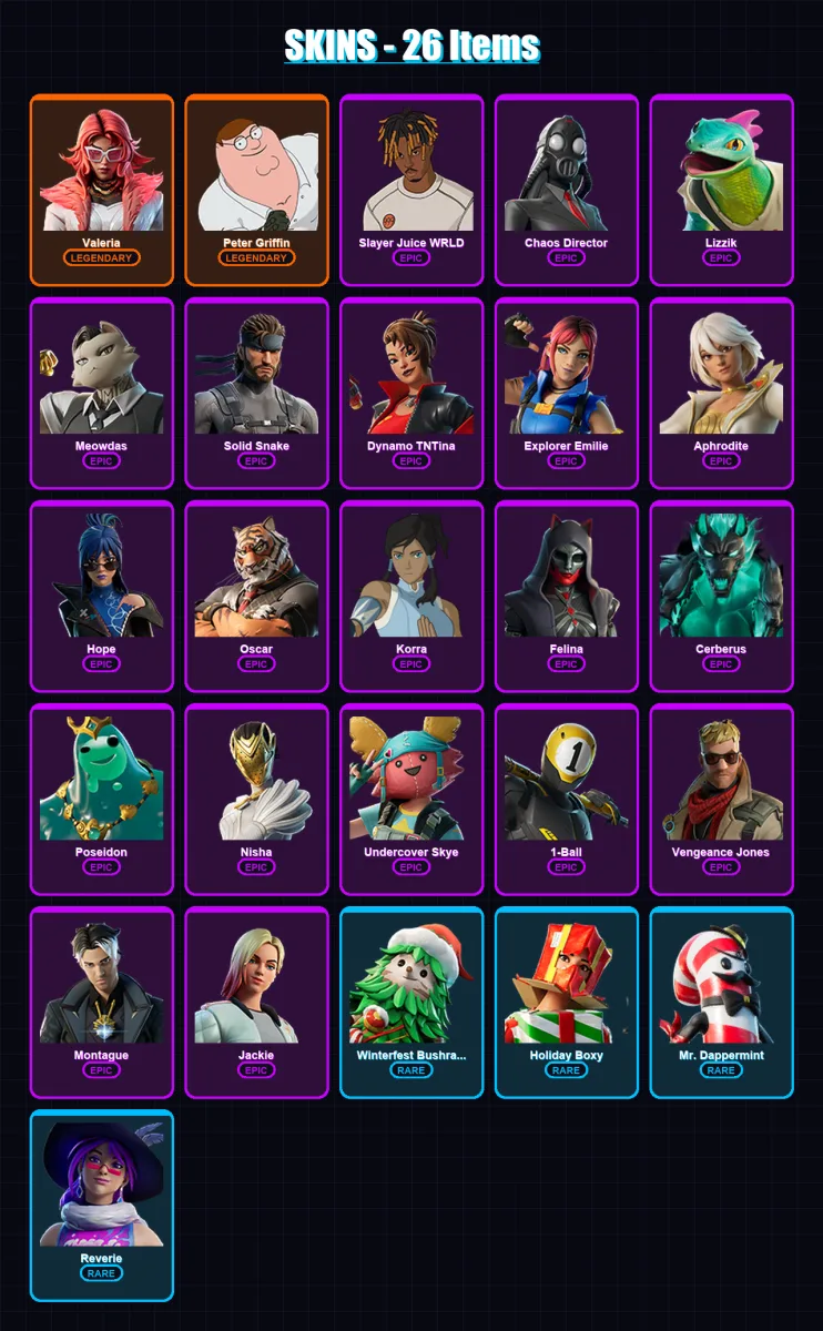 [PC/PSN] | Valeria | Peter Griffin | Slayer Juice WRLD | Chaos Director | Lizzik | 26 skin | 45 pickaxe | 36 emote | 38 glider | Lv595