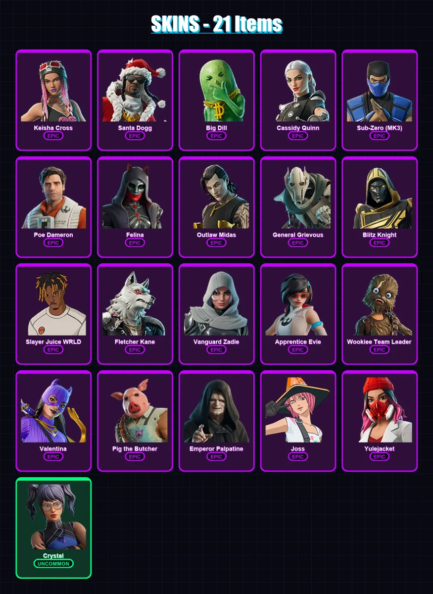 [PC/XBOX/PSN] | Keisha Cross | Santa Dogg | Big Dill | Cassidy Quinn | Sub-Zero (MK3) | 21 skin | 78 pickaxe | 40 emote | 51 glider | Lv812
