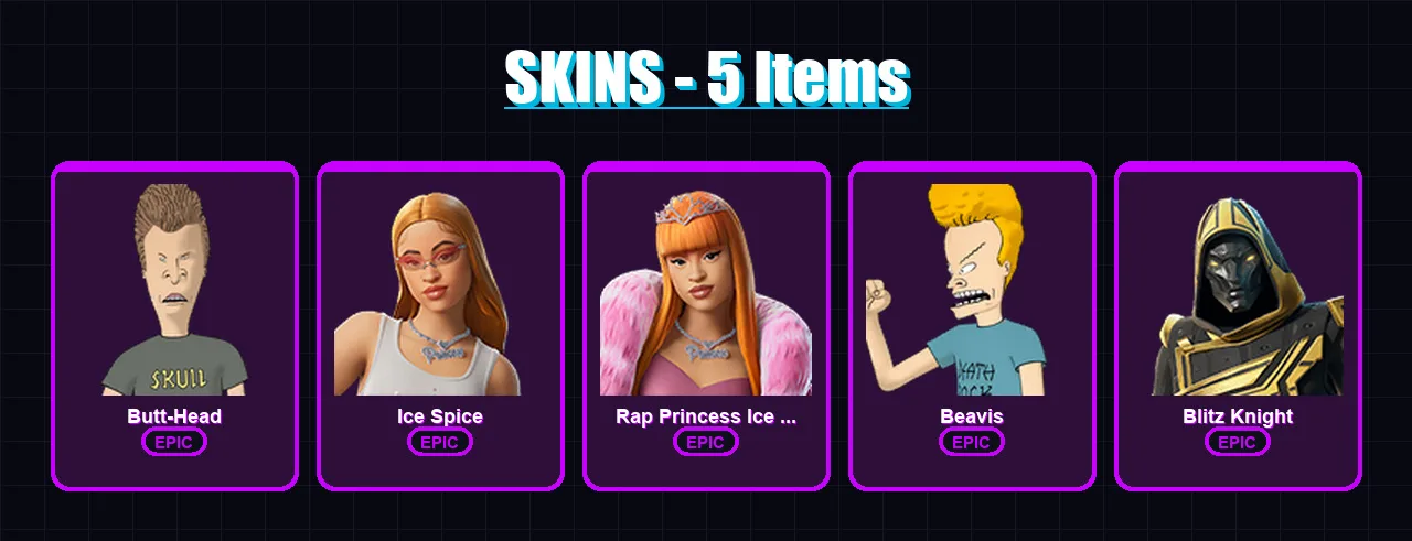 [PC/XBOX/PSN] | Butt-Head | Ice Spice | Rap Princess Ice Spice | Beavis | Blitz Knight | 5 skin | 15 pickaxe | 11 emote | 13 glider | Lv114