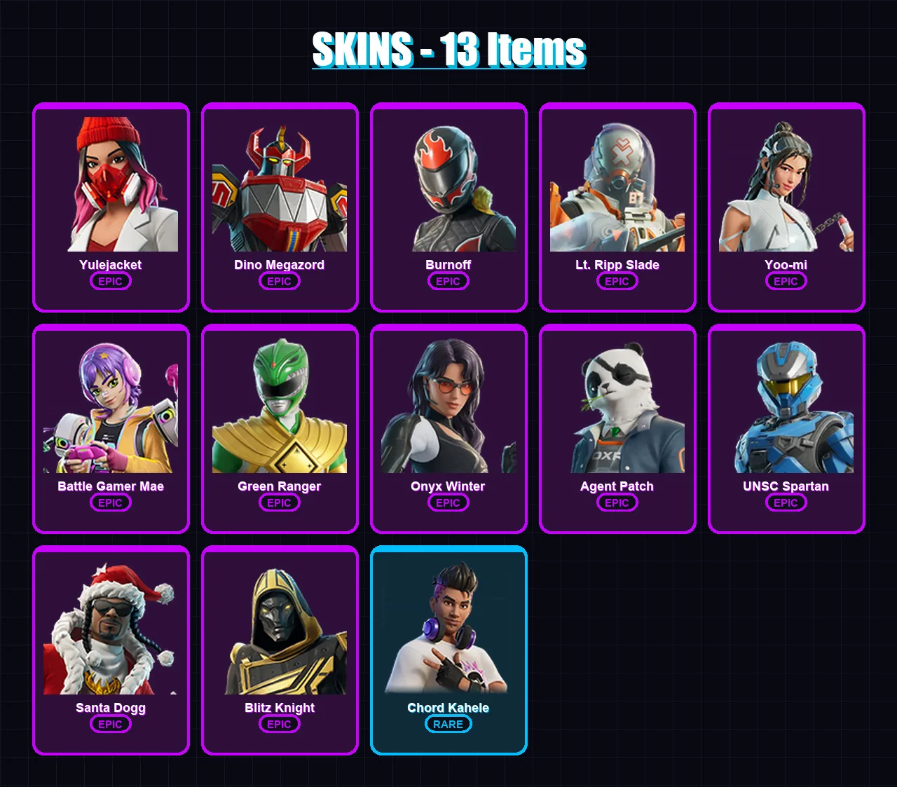 [PC/XBOX/PSN] | Yulejacket | Dino Megazord | Burnoff | Lt. Ripp Slade | Yoo-mi | 13 skin | 50 pickaxe | 25 emote | 31 glider | Lv598 — Fortnite account