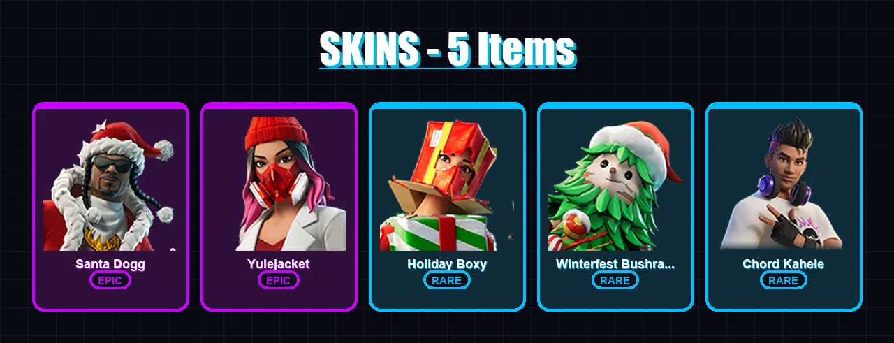 [PC/XBOX/PSN] | Santa Dogg | Yulejacket | Holiday Boxy | Winterfest Bushranger | Chord Kahele | 5 skin | 25 pickaxe | 10 emote | 18 glider | Lv255