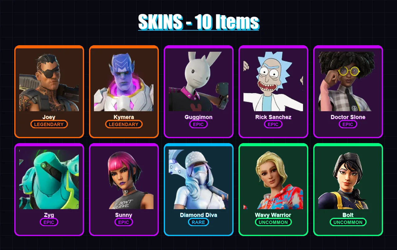 [PS4/PS5/XBOX/PC] | Joey | Kymera | Guggimon | Rick Sanchez | Doctor Slone | 10 skin | 14 pickaxe | 12 emote | 14 glider | Lv254 — Fortnite account