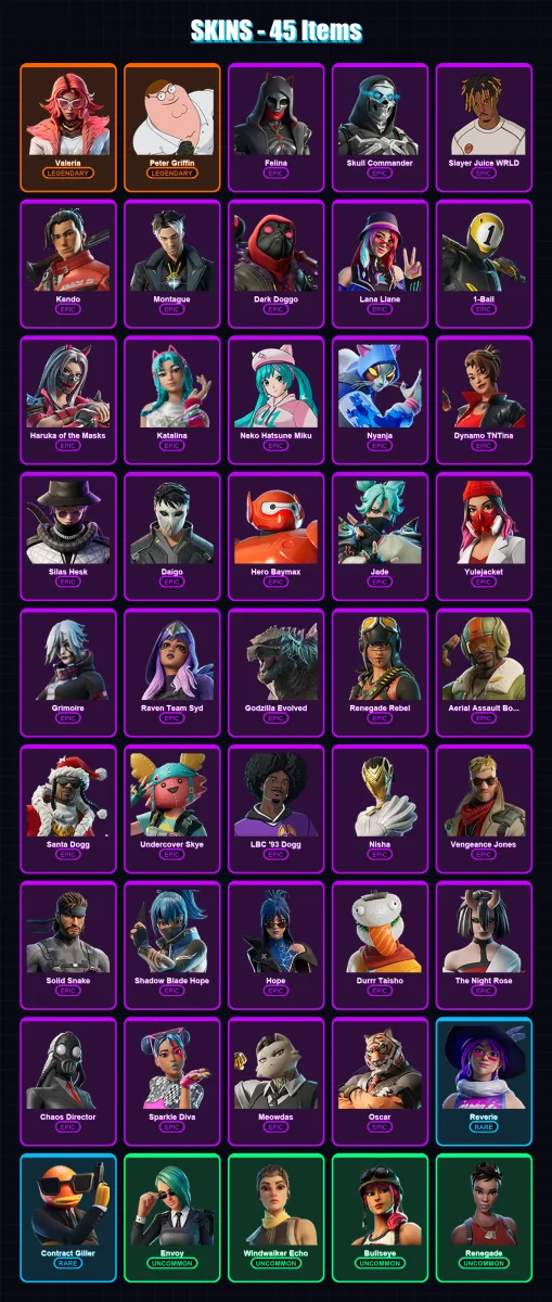 [PC/XBOX] | Valeria | Peter Griffin | Felina | Skull Commander | Slayer Juice WRLD | 45 skin | 82 pickaxe | 46 emote | 51 glider | Lv727