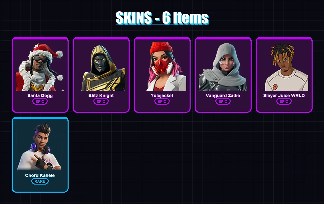 [PC/PSN] | Santa Dogg | Blitz Knight | Yulejacket | Vanguard Zadie | Slayer Juice WRLD | 6 skin | 53 pickaxe | 20 emote | 32 glider | Lv434