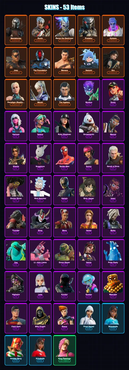 [PC/XBOX/PSN] | Mandalorian | Ronin | Renzo the Destroyer | Predator | Kymera | 53 skin | 79 pickaxe | 57 emote | 76 glider | Lv1102