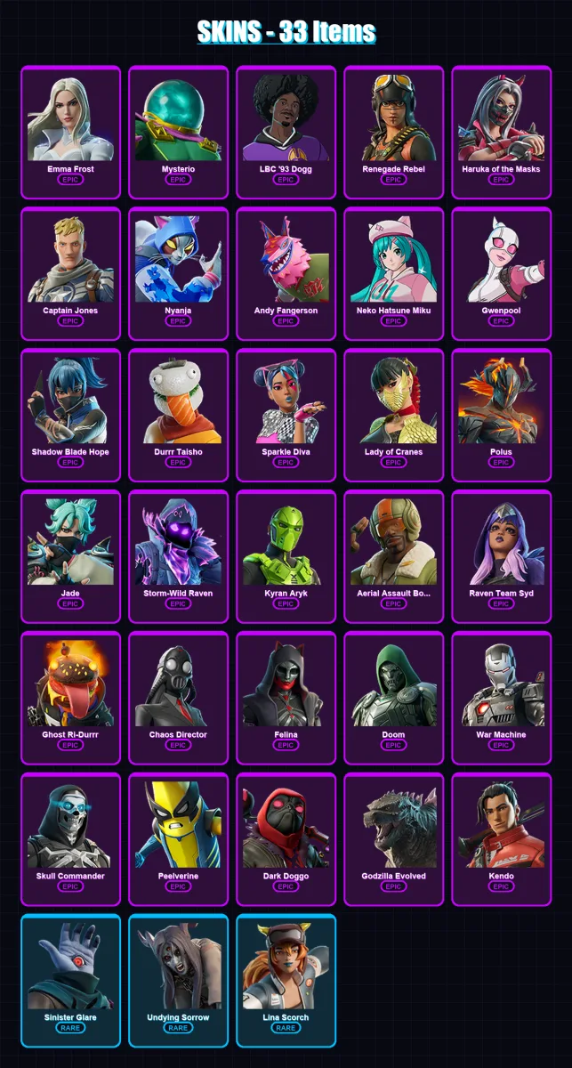 [PS4/PS5/XBOX/PC] | Emma Frost | Mysterio | LBC '93 Dogg | Renegade Rebel | Haruka of the Masks | 33 skin | 39 pickaxe | 29 emote | 22 glider | Lv14 — Fortnite account