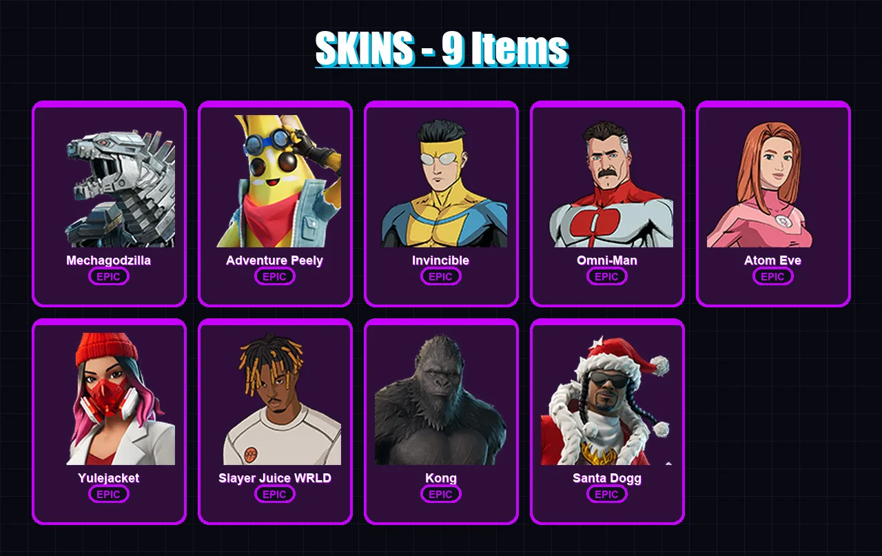 [PS4/PS5/XBOX/PC] | Mechagodzilla | Adventure Peely | Invincible | Omni-Man | Atom Eve | 9 skin | 39 pickaxe | 16 emote | 27 glider | Lv233