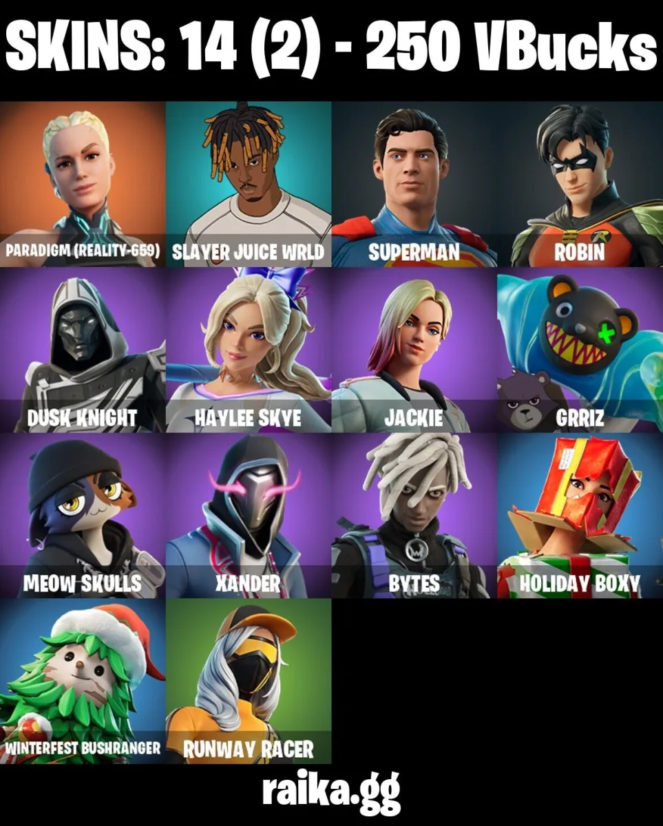14 skins All Platforms Paradigm (Reality-659) | Slayer Juice WRLD | Superman | Robin | Blitz Knight 250 VB Instant Delivery — Fortnite account