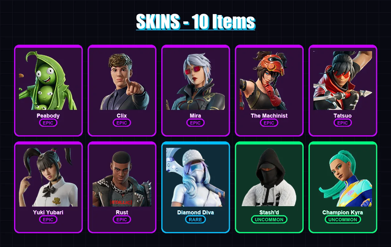 [PC/XBOX/PSN] | Peabody | Clix | Mira | The Machinist | Tatsuo | 10 skin | 21 pickaxe | 9 emote | 10 glider | Lv130