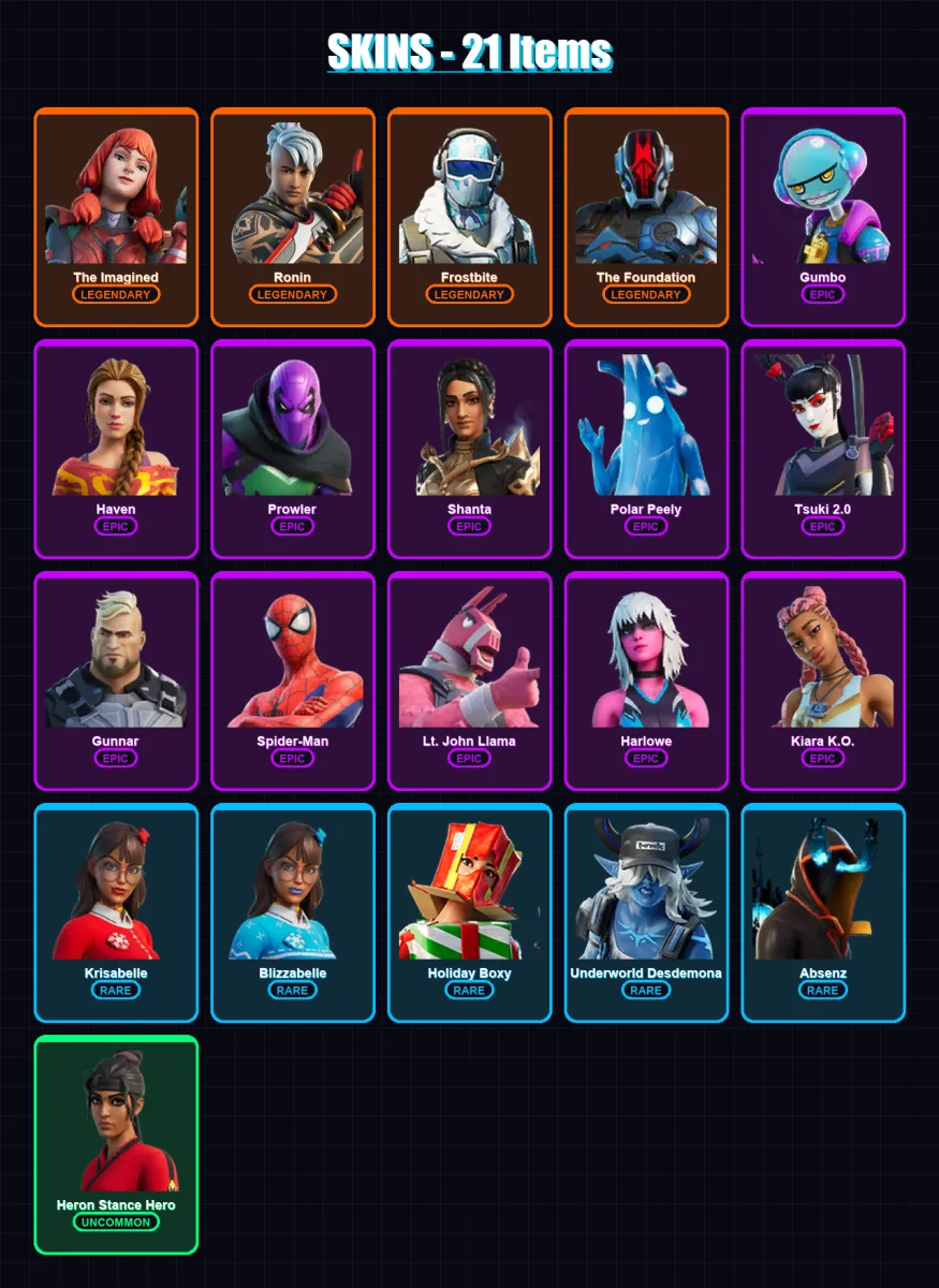 [PC/XBOX/PSN] | The Imagined | Ronin | Frostbite | The Foundation | Gumbo | 21 skin | 29 pickaxe | 23 emote | 28 glider | Lv513