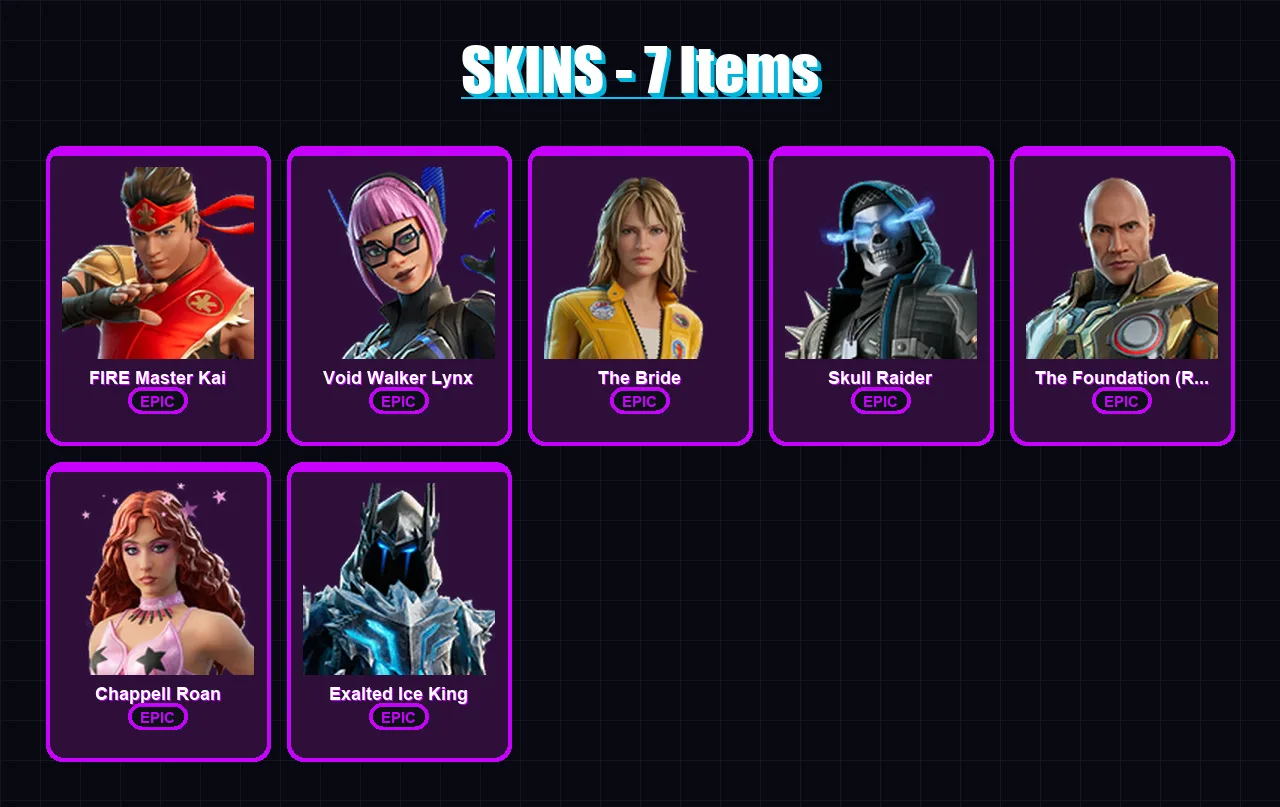 [PC/PSN] | FIRE Master Kai | Void Walker Lynx | The Bride | Skull Raider | The Foundation (Reforged) | 7 skin | 3 pickaxe | 2 emote | 2 glider | Lv3