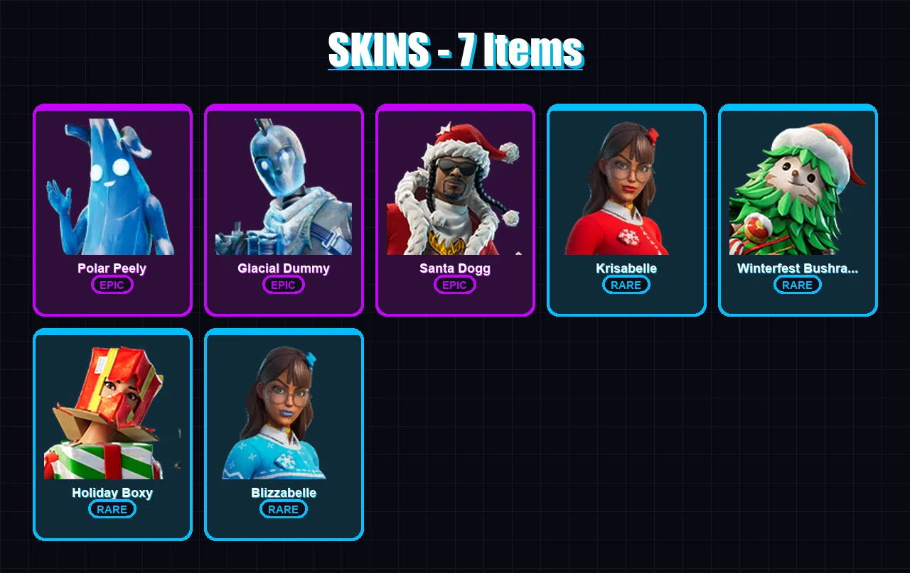 [PC/XBOX/PSN] | Polar Peely | Glacial Dummy | Santa Dogg | Krisabelle | Winterfest Bushranger | 7 skin | 25 pickaxe | 15 emote | 23 glider | Lv367
