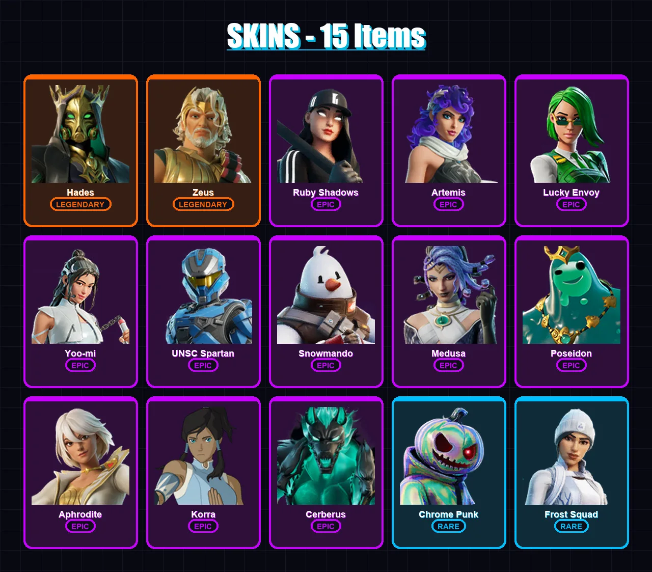 [PS4/PS5/PC] | Hades | Zeus | Ruby Shadows | Artemis | Lucky Envoy | 15 skin | 52 pickaxe | 40 emote | 44 glider | Lv790