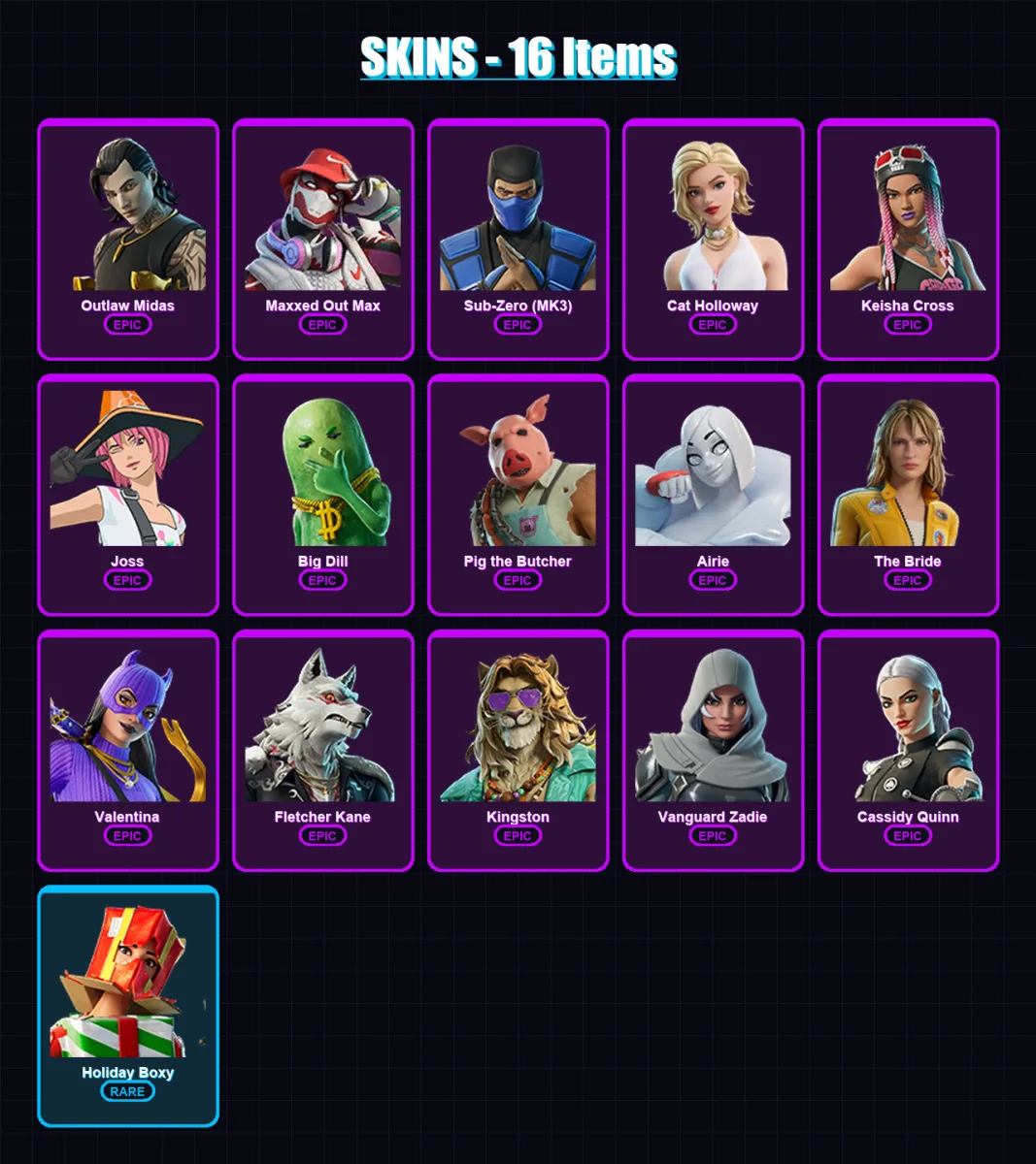 [PC/XBOX] | Outlaw Midas | Maxxed Out Max | Sub-Zero (MK3) | Cat Holloway | Keisha Cross | 16 skin | 69 pickaxe | 35 emote | 53 glider | Lv890