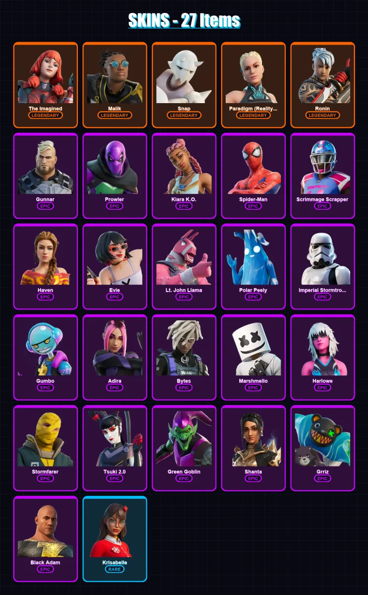 [PC/XBOX/PSN] | The Imagined | Malik | Snap | Paradigm (Reality-659) | Ronin | 27 skin | 33 pickaxe | 28 emote | 31 glider | Lv328