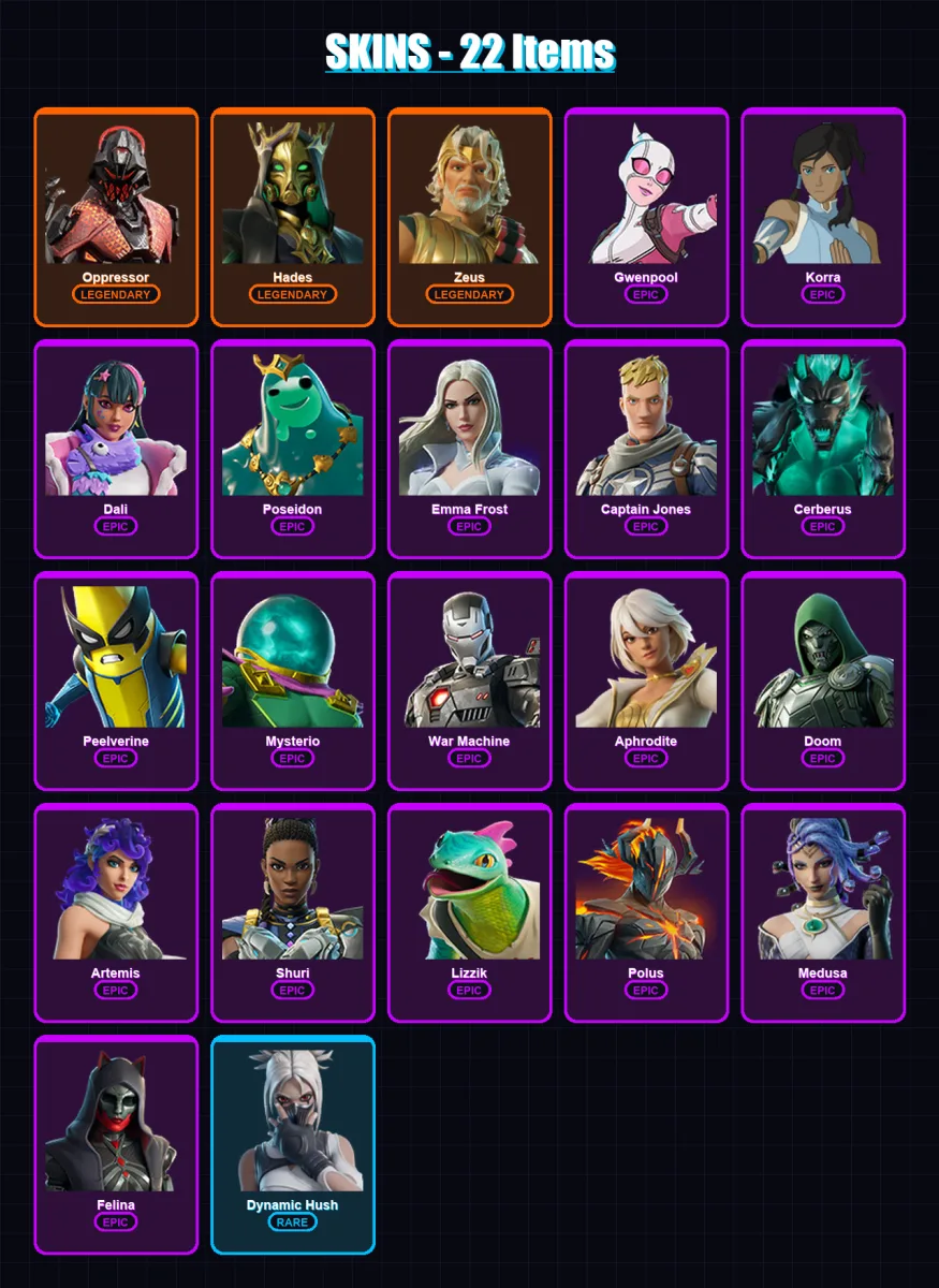 [PS4/PS5/XBOX/PC] | Oppressor | Hades | Zeus | Gwenpool | Korra | 22 skin | 22 pickaxe | 21 emote | 20 glider | Lv251