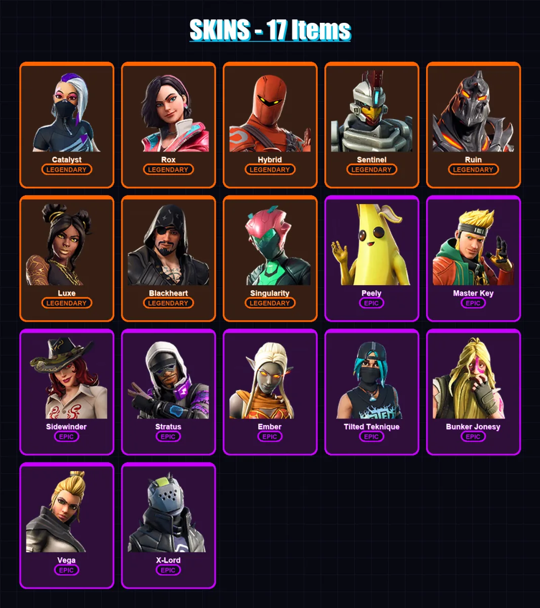 [PC/XBOX/PSN] | Catalyst | Rox | Hybrid | Sentinel | Ruin | 17 skin | 17 pickaxe | 21 emote | 20 glider | Lv241