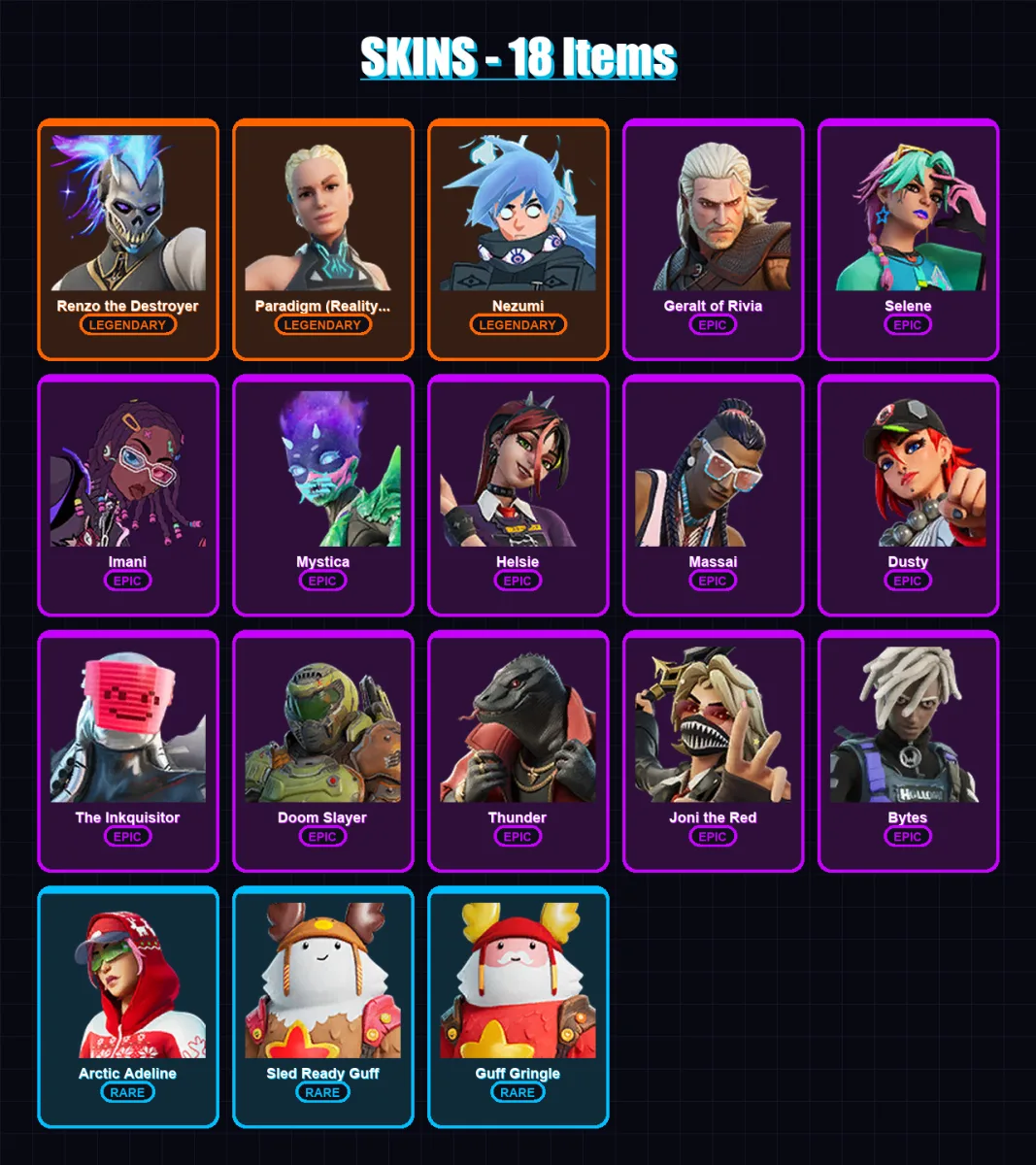 [PC/XBOX/PSN] | Renzo the Destroyer | Paradigm (Reality-659) | Nezumi | Geralt of Rivia | Selene | 18 skin | 26 pickaxe | 20 emote | 26 glider | Lv2