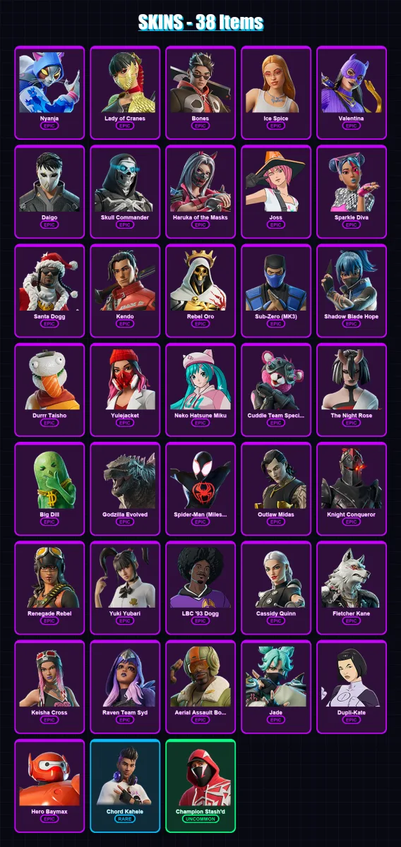 [PC/XBOX/PSN] | Nyanja | Lady of Cranes | Bones | Ice Spice | Valentina | 38 skin | 62 pickaxe | 50 emote | 39 glider | Lv533